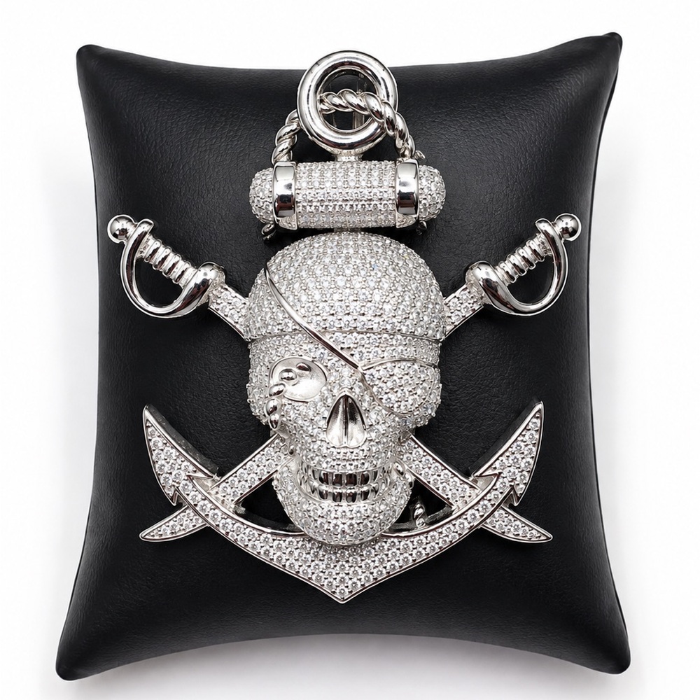 925 Sterling Silver Pirate Skull Pendant Necklace 7.20CTW MOISSANITE